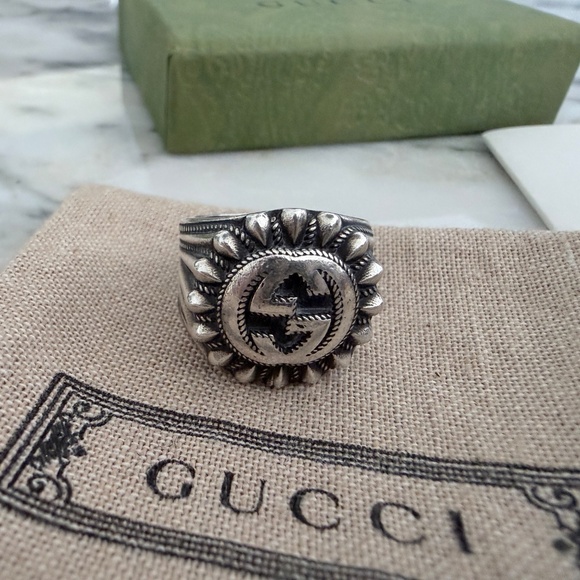 GUCCI AG925 Interlocking G GG Logo Ster Silver Signet Ring Size IT 13/ US 6.75 - Picture 15 of 16